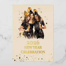 Tarjeta Festiva Con Relieve Metalizado Elegant Black & Gold Foil New Year Invitation