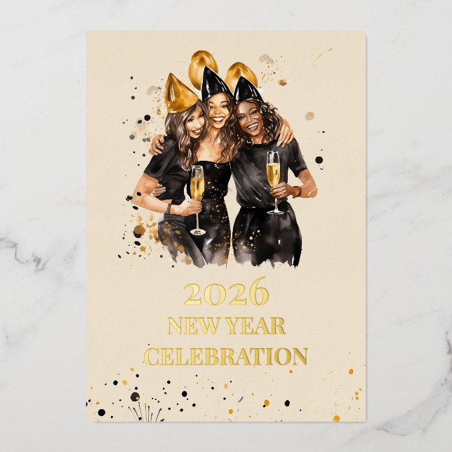Tarjeta Festiva Con Relieve Metalizado Elegant Black & Gold Foil New Year Invitation (Anverso)