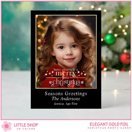 Tarjeta Festiva Con Relieve Metalizado Elegant Black Gold Merry Little Christmas Photo