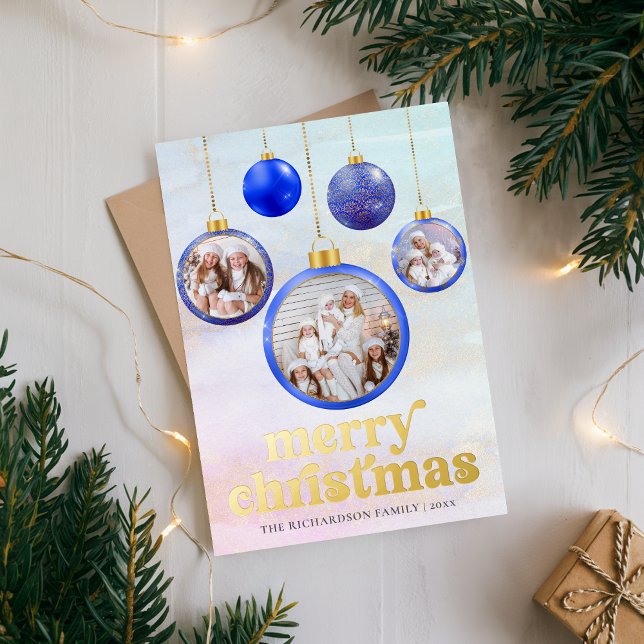 Tarjeta Festiva Con Relieve Metalizado Elegant Blue Ornament Christmas Photo (Elegant Blue Ornament Christmas Photo Foil Holiday Card)