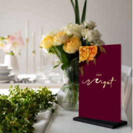 Tarjeta Festiva Con Relieve Metalizado Elegant Burgundy Red  "MARIGOLD" Table Number