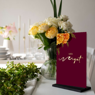 Tarjeta Festiva Con Relieve Metalizado Elegant Burgundy Red  "MARIGOLD" Table Number