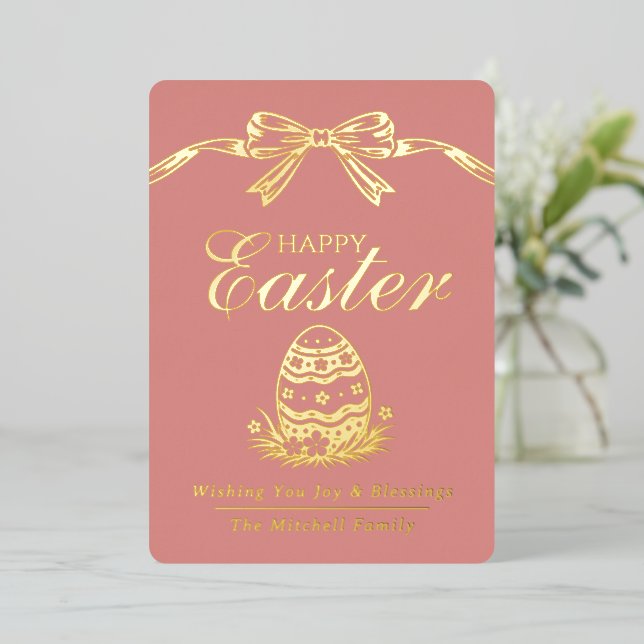 Tarjeta Festiva Con Relieve Metalizado Elegant Chic Gold Foil Happy Easter Blessings Card (Anverso de pie)