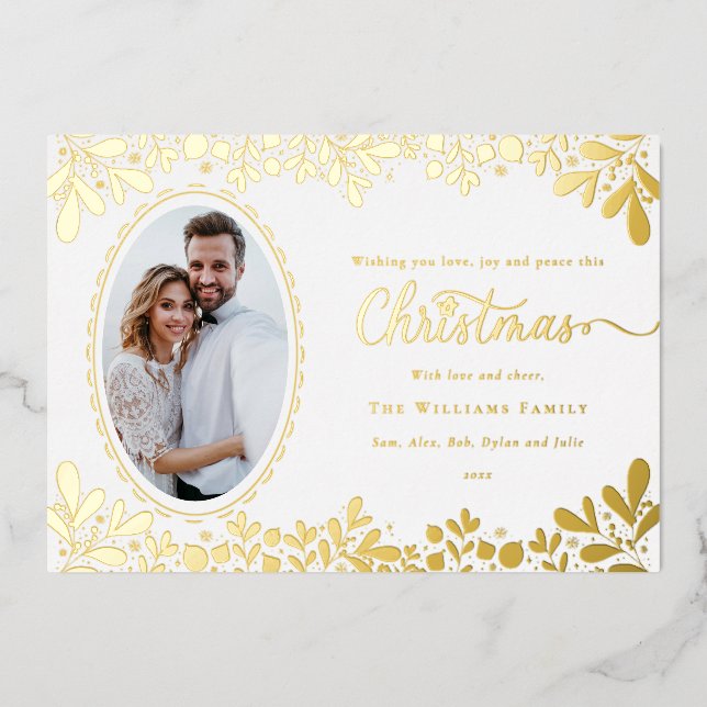 Tarjeta Festiva Con Relieve Metalizado Elegant Christmas Botanical Frame Oval Photo  (Anverso)