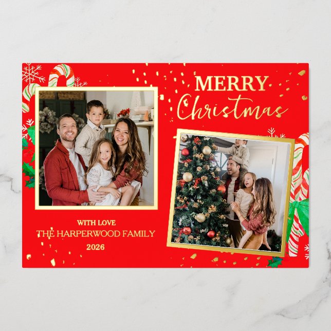 Tarjeta Festiva Con Relieve Metalizado Elegant Christmas Joy Gold Sparkle Multi Photo (Anverso)
