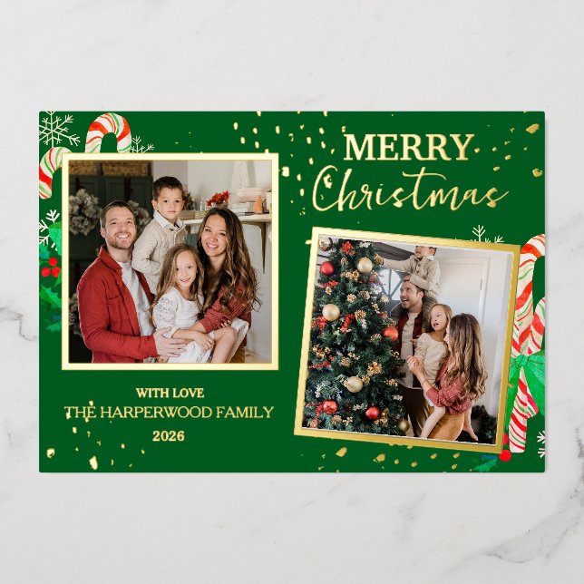 Tarjeta Festiva Con Relieve Metalizado Elegant Christmas Joy Gold Sparkle Multi Photo (Anverso)