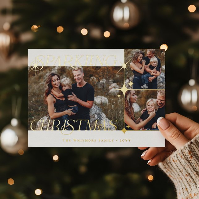 Tarjeta Festiva Con Relieve Metalizado Elegant Christmas Sparkle Photo Collage Christmas (Elegant Christmas Sparkle Photo Collage Christmas Foil Holiday Card)