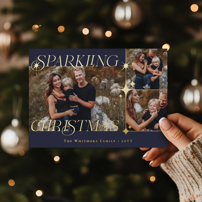 Tarjeta Festiva Con Relieve Metalizado Elegant Christmas Sparkle Photo Collage Christmas (Elegant Christmas Sparkle Photo Collage Christmas Foil Holiday Card)