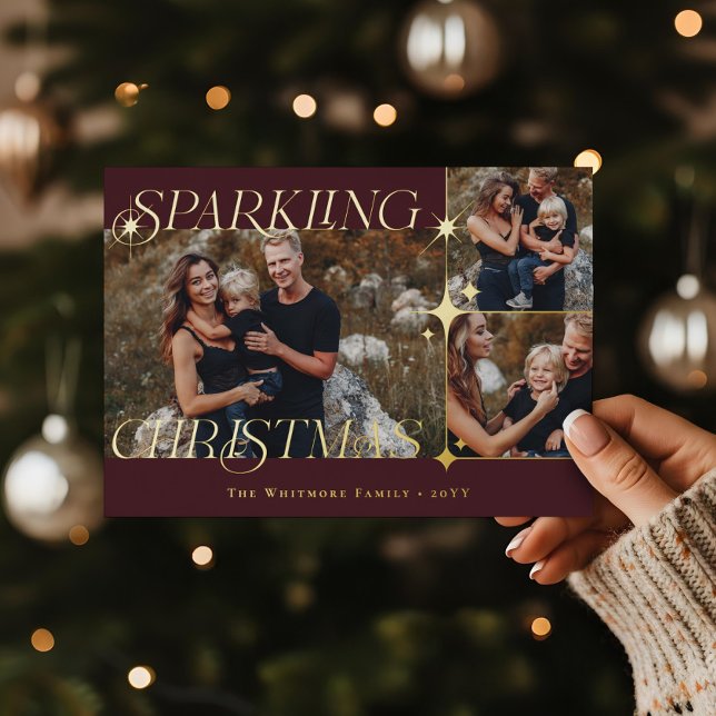 Tarjeta Festiva Con Relieve Metalizado Elegant Christmas Sparkle Photo Collage Christmas (Elegant Christmas Sparkle Photo Collage Christmas Foil Holiday Card)