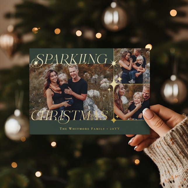 Tarjeta Festiva Con Relieve Metalizado Elegant Christmas Sparkle Photo Collage Christmas (Elegant Christmas Sparkle Photo Collage Christmas Foil Holiday Card)