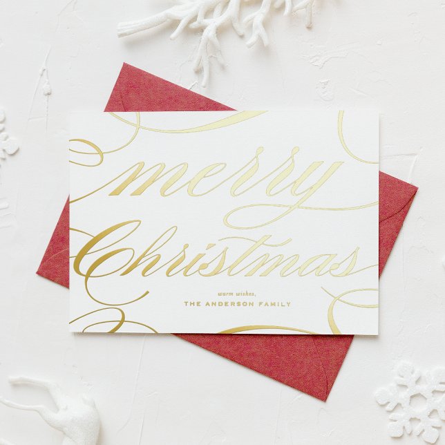 Tarjeta Festiva Con Relieve Metalizado Elegant Flourish Script Merry Christmas (This elegant Merry Christmas card features a beautiful flourish script in gold foil.)