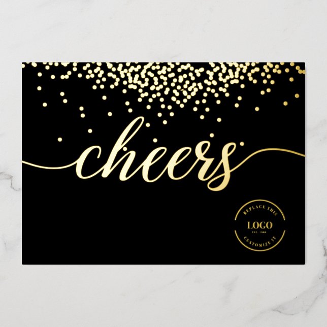 Tarjeta Festiva Con Relieve Metalizado Elegant gold confetti on black Cheers logo (Anverso)