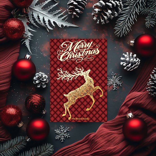 Tarjeta Festiva Con Relieve Metalizado Elegant Gold Dashing Reindeer Merry Christmas  (Elegant Festive Gold Foil Burgundy Bedazzled Christmas Card )