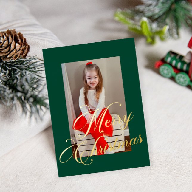 Tarjeta Festiva Con Relieve Metalizado Elegant Gold Script Rich Green Frame Photo (Subido por el creador)