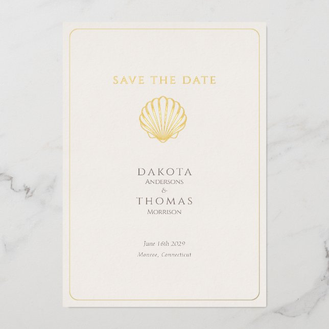 Tarjeta Festiva Con Relieve Metalizado Elegant Gold Seashell  Wedding Save the Date (Anverso)