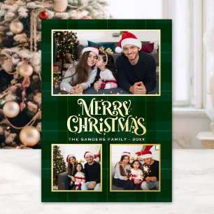 Tarjeta Festiva Con Relieve Metalizado "Elegant Green Tartan Christmas Card with Gold Foi