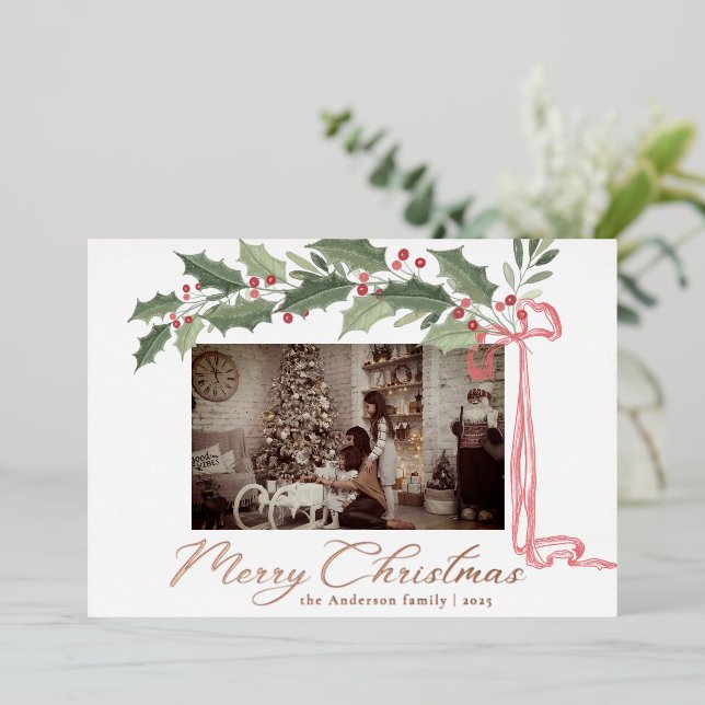 Tarjeta Festiva Con Relieve Metalizado Elegant Holly Berries Foliage | Photo Christmas (Anverso de pie)