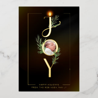 Tarjeta Festiva Con Relieve Metalizado Elegant Joy Minimalist Photo Christmas Botanical