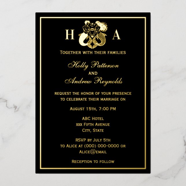 Tarjeta Festiva Con Relieve Metalizado Elegant Mermaid & Merman Wedding Foil Invitation (Anverso)