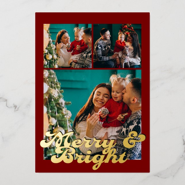 Tarjeta Festiva Con Relieve Metalizado Elegant Merry & Bright Family Christmas Gold (Anverso)
