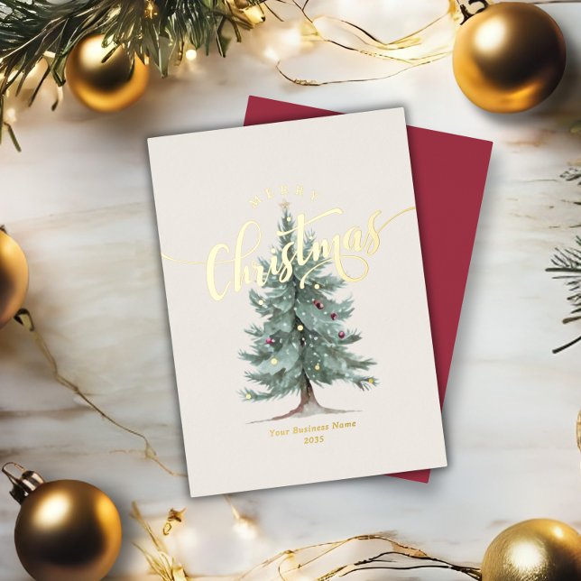 Tarjeta Festiva Con Relieve Metalizado Elegant Merry Christmas Tree Script Business Logo (Subido por el creador)