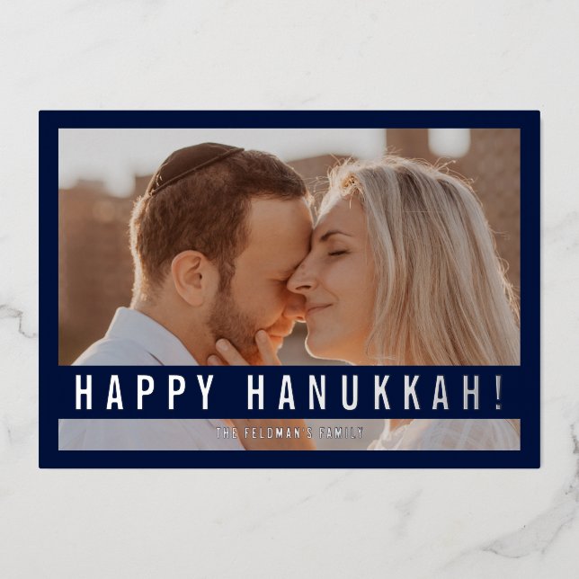 Tarjeta Festiva Con Relieve Metalizado Elegant Minimalist Script Happy Hanukkah Photo  (Anverso)