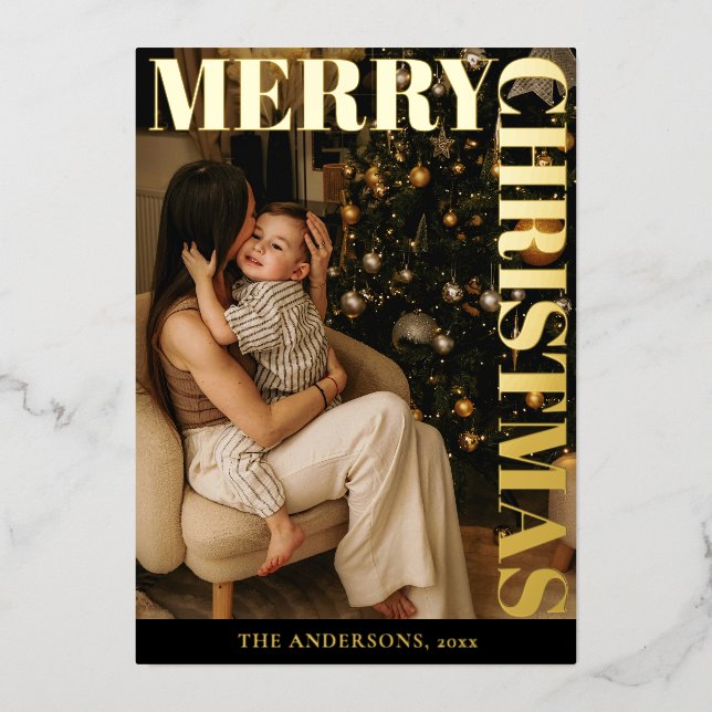 Tarjeta Festiva Con Relieve Metalizado Elegant Modern Family Photo Black Merry Christmas (Anverso)