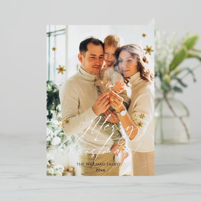 Tarjeta Festiva Con Relieve Metalizado  Elegant Modern Photo Merry Christmas  (Anverso de pie)