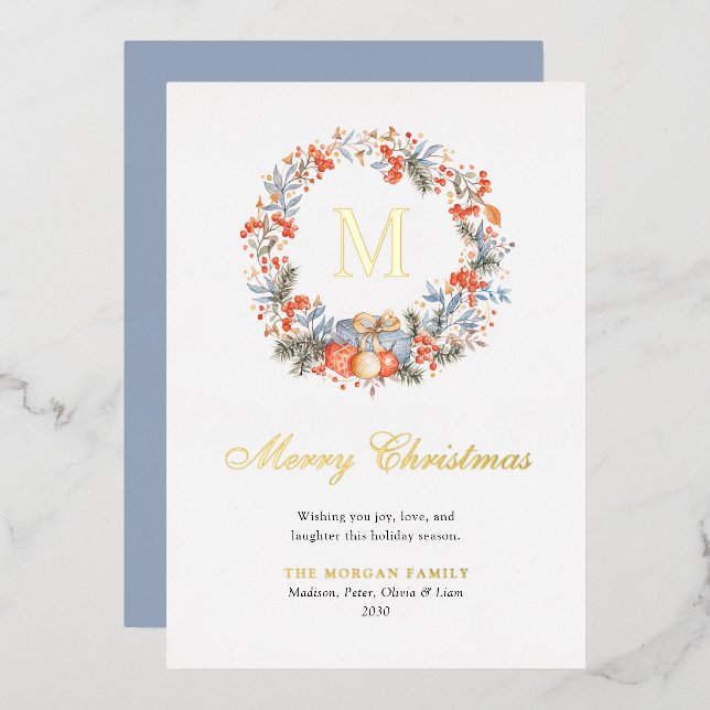 Tarjeta Festiva Con Relieve Metalizado Elegant Monogram Wreath Dusty Blue Modern (Anverso/Reverso)