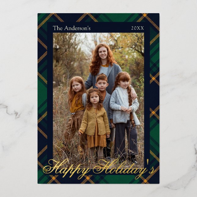Tarjeta Festiva Con Relieve Metalizado Elegant Navy Green Plaid Holidays Golden  (Anverso)
