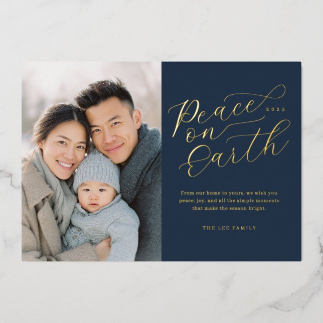 Tarjeta Festiva Con Relieve Metalizado Elegant Peace on Earth Photo (Anverso)