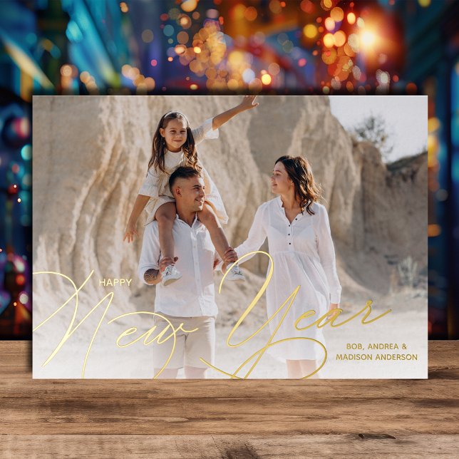 Tarjeta Festiva Con Relieve Metalizado Elegant Photo Happy New Year Script Gold (Happy New Year Script REAL Gold Foil Greeting Cards)