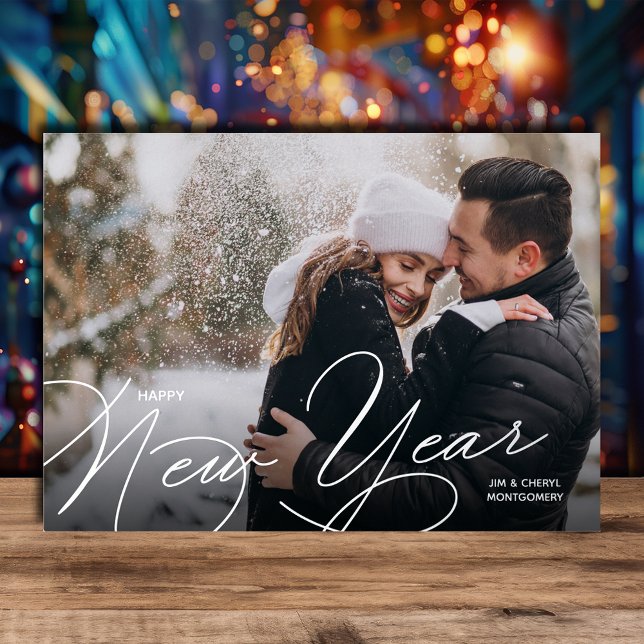 Tarjeta Festiva Con Relieve Metalizado Elegant Photo Happy New Year Script Silver (Happy New Year Script REAL Silver Foil Greeting Cards)