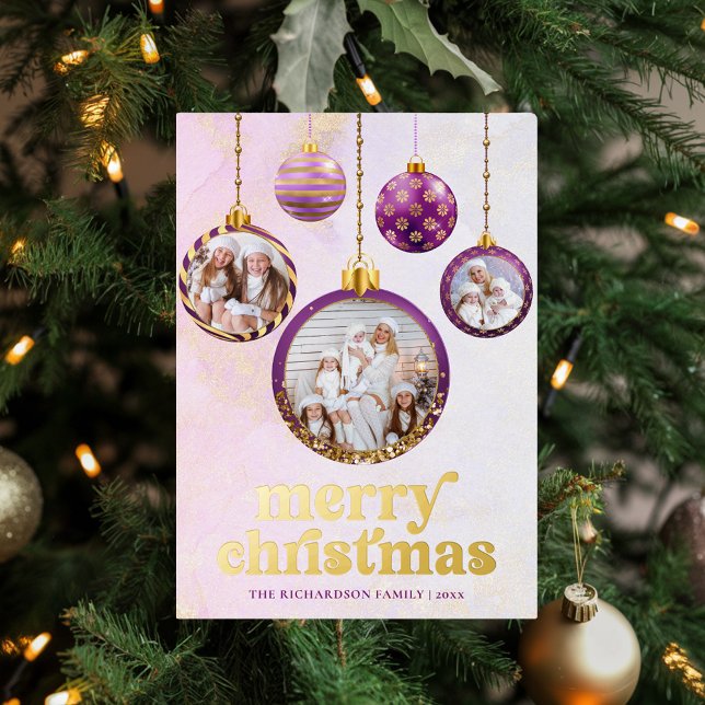 Tarjeta Festiva Con Relieve Metalizado Elegant Purple & Gold Ornament Photo Christmas  (Elegant Purple & Gold Ornament Photo Christmas Foil Holiday Card)