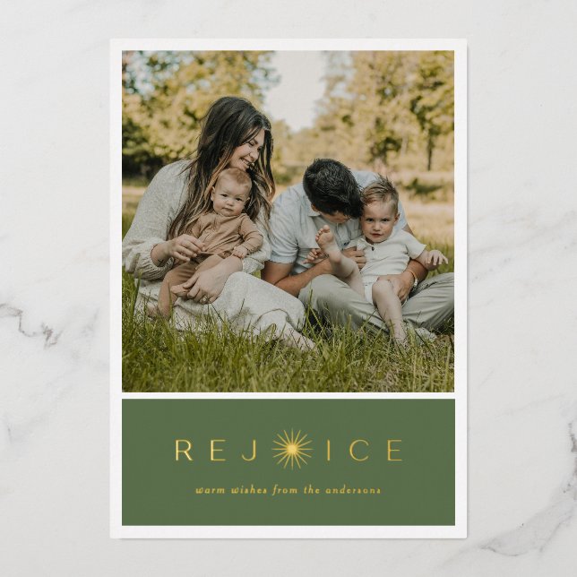 Tarjeta Festiva Con Relieve Metalizado Elegant “Rejoice” Gold Foil Christmas Photo Card (Anverso)