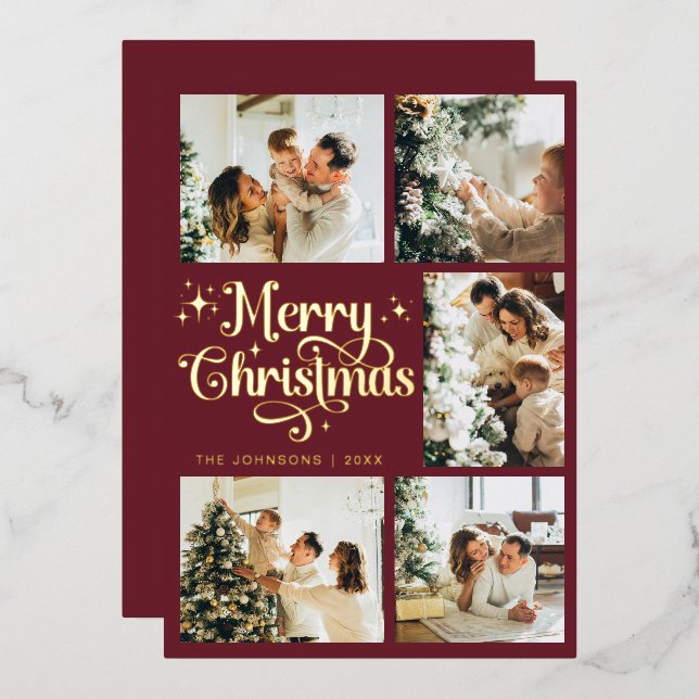 Tarjeta Festiva Con Relieve Metalizado Elegant Retro Red & Gold Merry Christmas Family (Anverso/Reverso)
