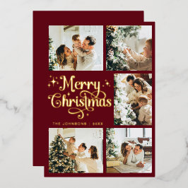 Tarjeta Festiva Con Relieve Metalizado Elegant Retro Red & Gold Merry Christmas Family