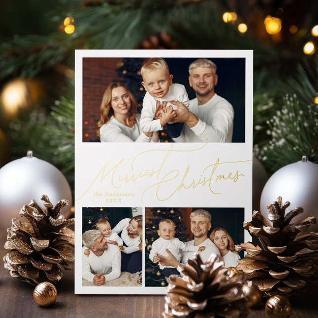 Tarjeta Festiva Con Relieve Metalizado Elegant Script Merry Christmas Family 3 Photo (Elegant Script Merry Christmas Family 3 Photo Foil Holiday Card)