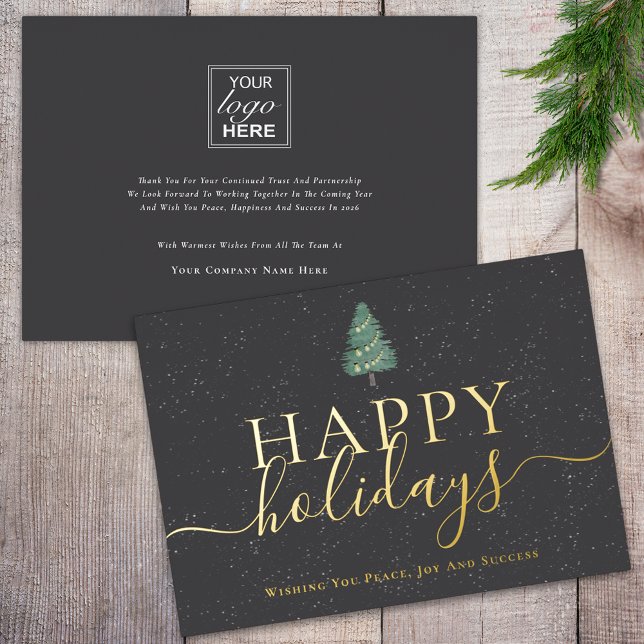 Tarjeta Festiva Con Relieve Metalizado Elegant script modern festive pine tree Business (Elegant script modern festive pine tree Happy holidays christmas tree business logo gray & gold foil)