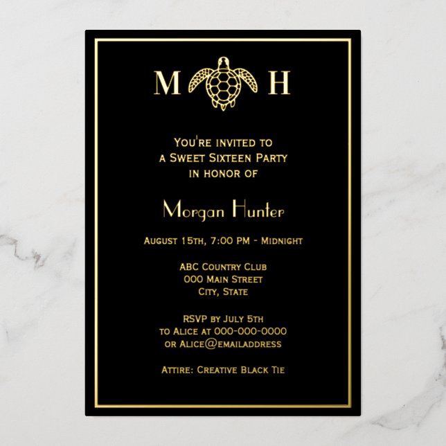 Tarjeta Festiva Con Relieve Metalizado Elegant Sea Turtle #3 Sweet Sixteen (Anverso)