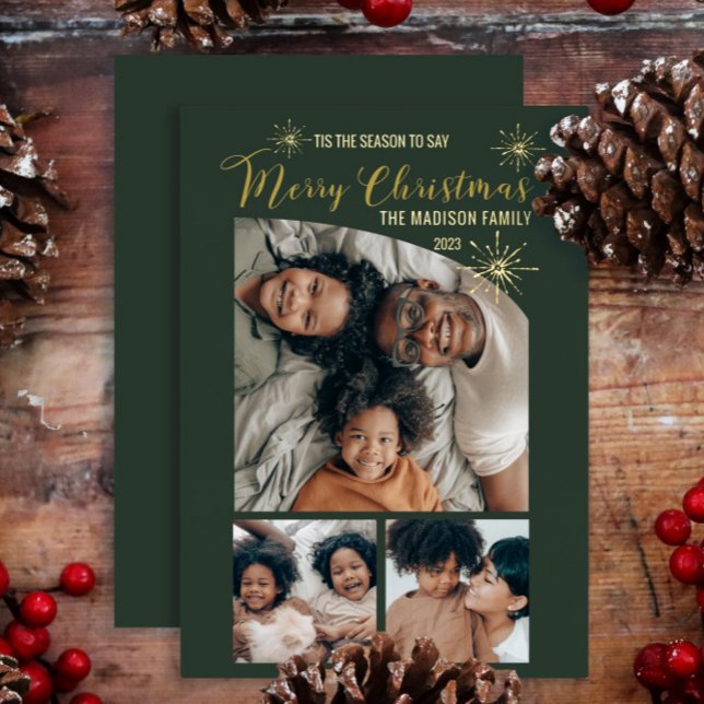 Tarjeta Festiva Con Relieve Metalizado Elegant Tapered Top 3 Photo Merry Christmas   (Say "Merry Christmas" in unique, elegant style with 3-photo gold foil cards.  Top tapered photo!)