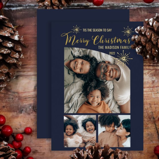 Tarjeta Festiva Con Relieve Metalizado Elegant Tapered Top 3 Photo Merry Christmas   (Subido por el creador)