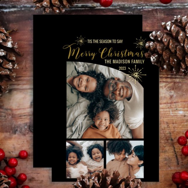 Tarjeta Festiva Con Relieve Metalizado Elegant Tapered Top 3 Photo Merry Christmas   (Say "Merry Christmas" in unique, elegant style with 3-photo gold foil cards.  Top tapered photo!)