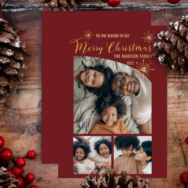 Tarjeta Festiva Con Relieve Metalizado Elegant Tapered Top 3 Photo Merry Christmas  (Subido por el creador)