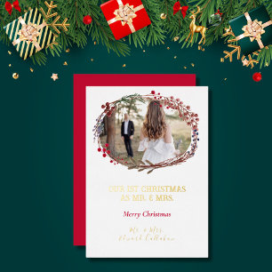 Tarjeta Festiva Con Relieve Metalizado Elegante 1er Navidad Casada Foto Nupcial Blanca