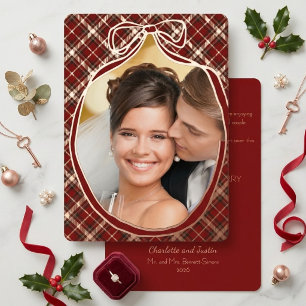 Tarjeta Festiva Con Relieve Metalizado Elegante 1er Navidad Casados Foto Tartán Dorado