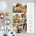 Tarjeta Festiva Con Relieve Metalizado Elegante 5 Collages de fotos Relieve metalizado de<br><div class="desc">¡Envíe elegantes saludos de vacaciones con estas hermosas tarjetas de vacaciones de 5 Navidades de collage de fotos! Presentan cinco plantillas de fotos a la izquierda de la tarjeta, con una tipografía elegante y moderna a la derecha, que lee "Felices Fiestas" en Relieve metalizado real (disponible en oro, oro rosa...</div>