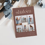 Tarjeta Festiva Con Relieve Metalizado Elegante 6 Collages de fotos Shalom Hanukkah<br><div class="desc">Comparte alegría con estas modernas tarjetas de vacaciones de Hanukkah con 6 de tus fotos favoritas en un diseño de collage de cuadrícula. "Shalom" aparece en la parte superior con letras de Relieve metalizado de oro subió y adornadas con estrellas diminutas. Personaliza con tu saludo de vacaciones, nombre de la...</div>