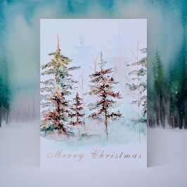 Tarjeta Festiva Con Relieve Metalizado Elegante acuarela Pine Forest Feliz Navidad
