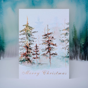 Tarjeta Festiva Con Relieve Metalizado Elegante acuarela Pine Forest Feliz Navidad